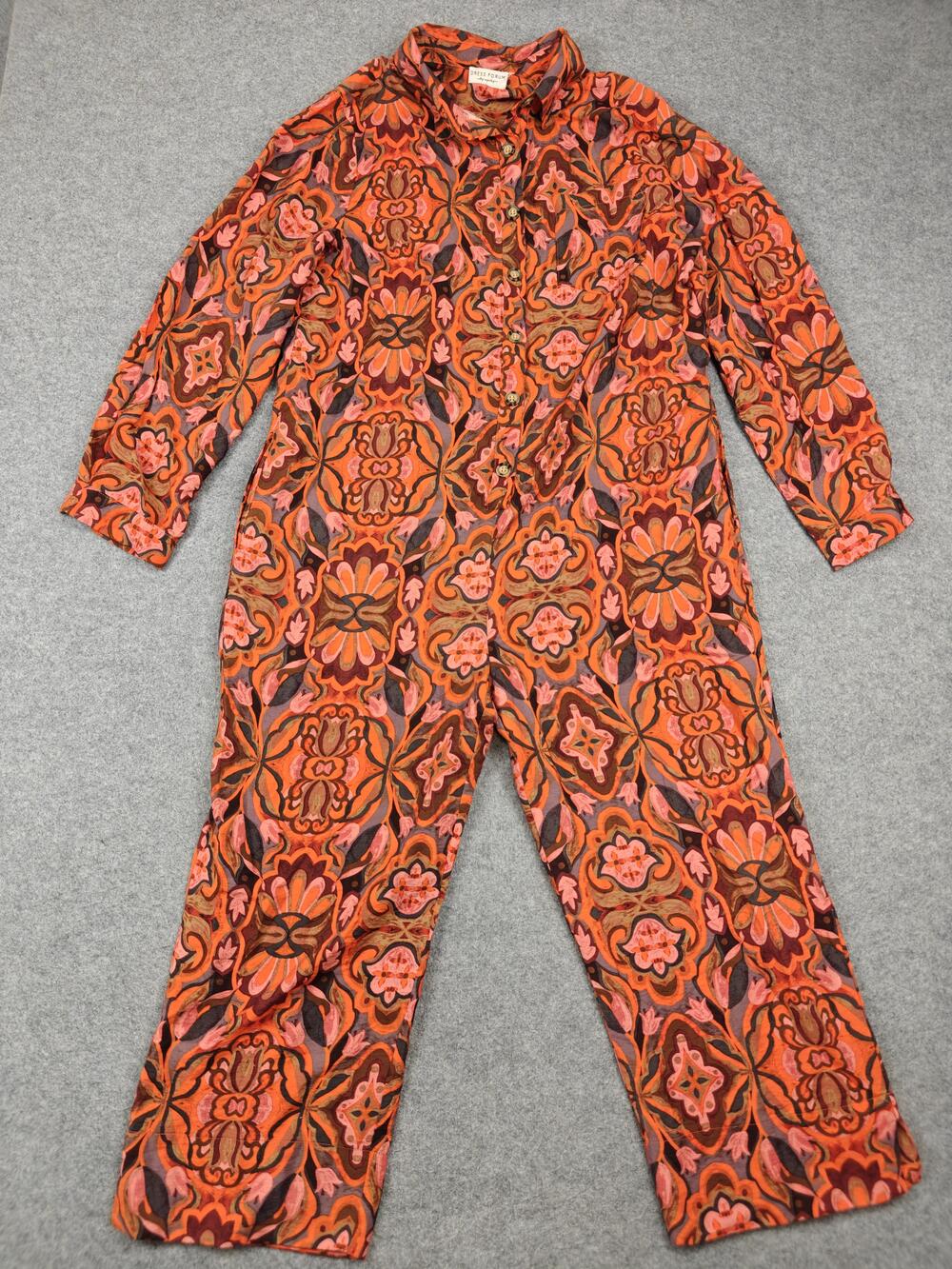 Dress Forum Jumpsuit Womens Large Orange Floral Viscose Voile Button Pockets